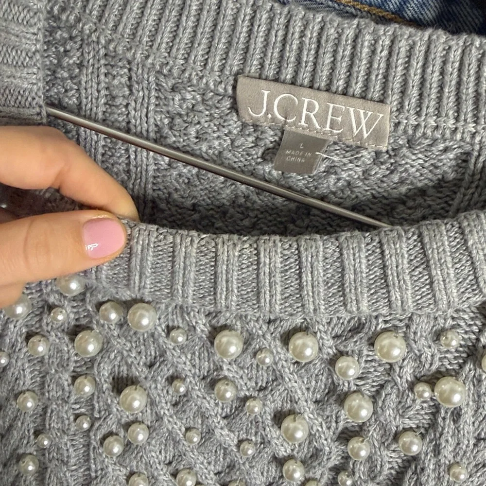 J.Crew Pearl Embellished Cotton Cable‎ Knit Sweater